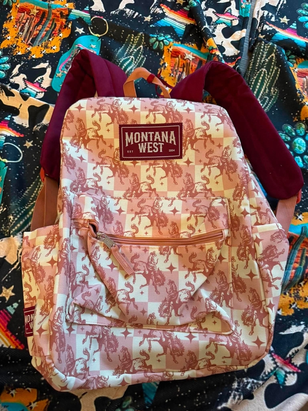 Montana West Rose Pink Checkered Western Bucking Horse Backpack